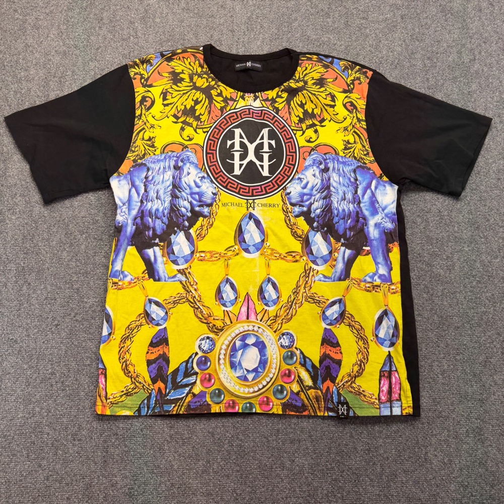 Michael Cherry Mens Graphic T-Shirt Blue Lion Baroque Jewel Print Black XL